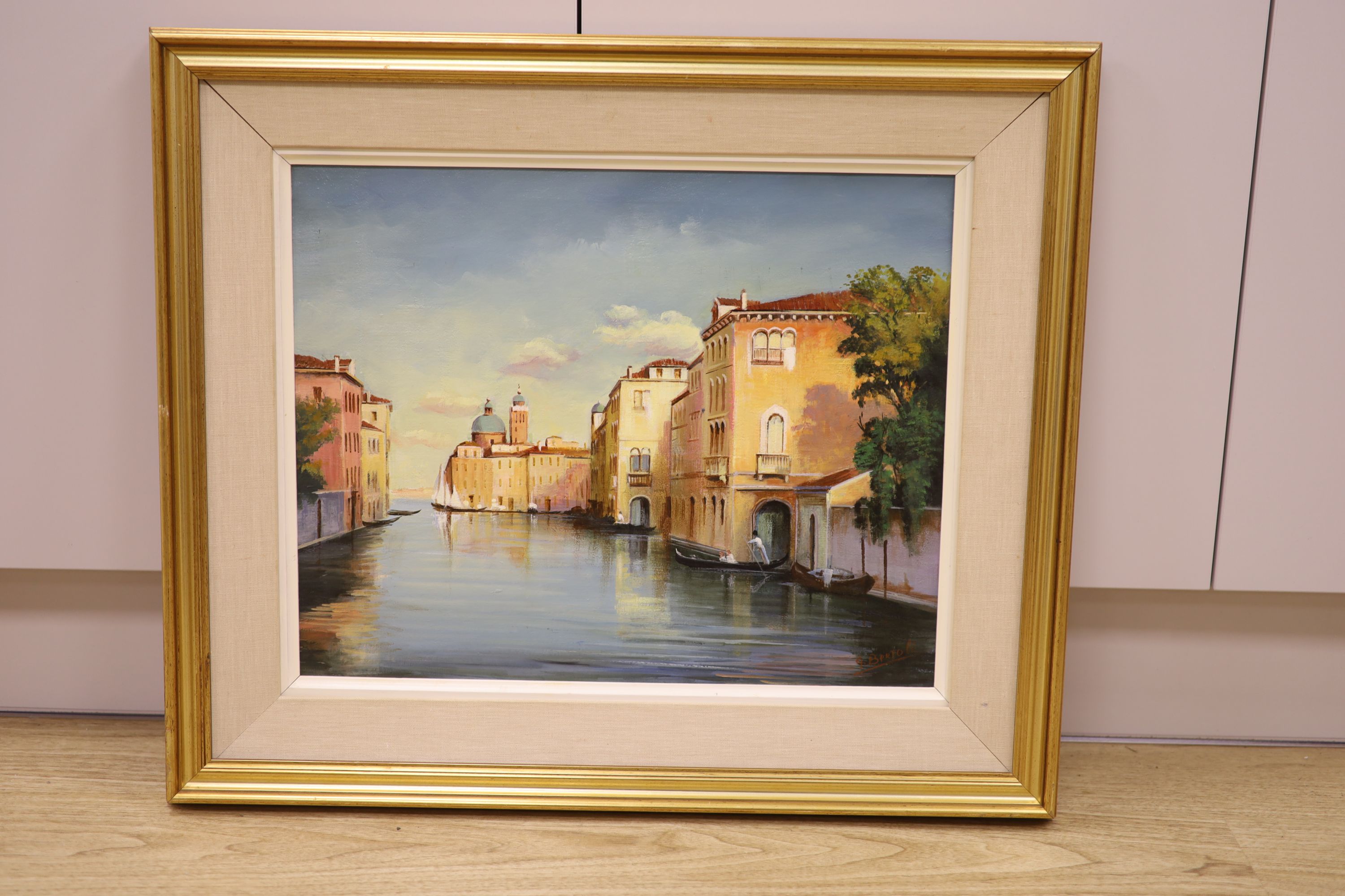 Guiseppe Bertoli after Bouvard, oil on canvas, 'Vista Di Un Canale Veneziano', signed, 39 x 48cm